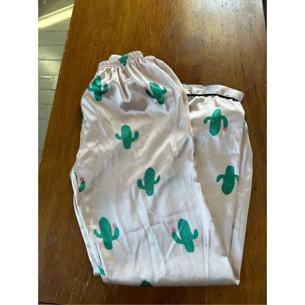 SHEIN girls light pink and green cactus print satin pajamas L
